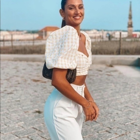 Zara Yellow & White Gingham Off-Shoulder or on the Shoulder Crop Top - Picture 4 of 12